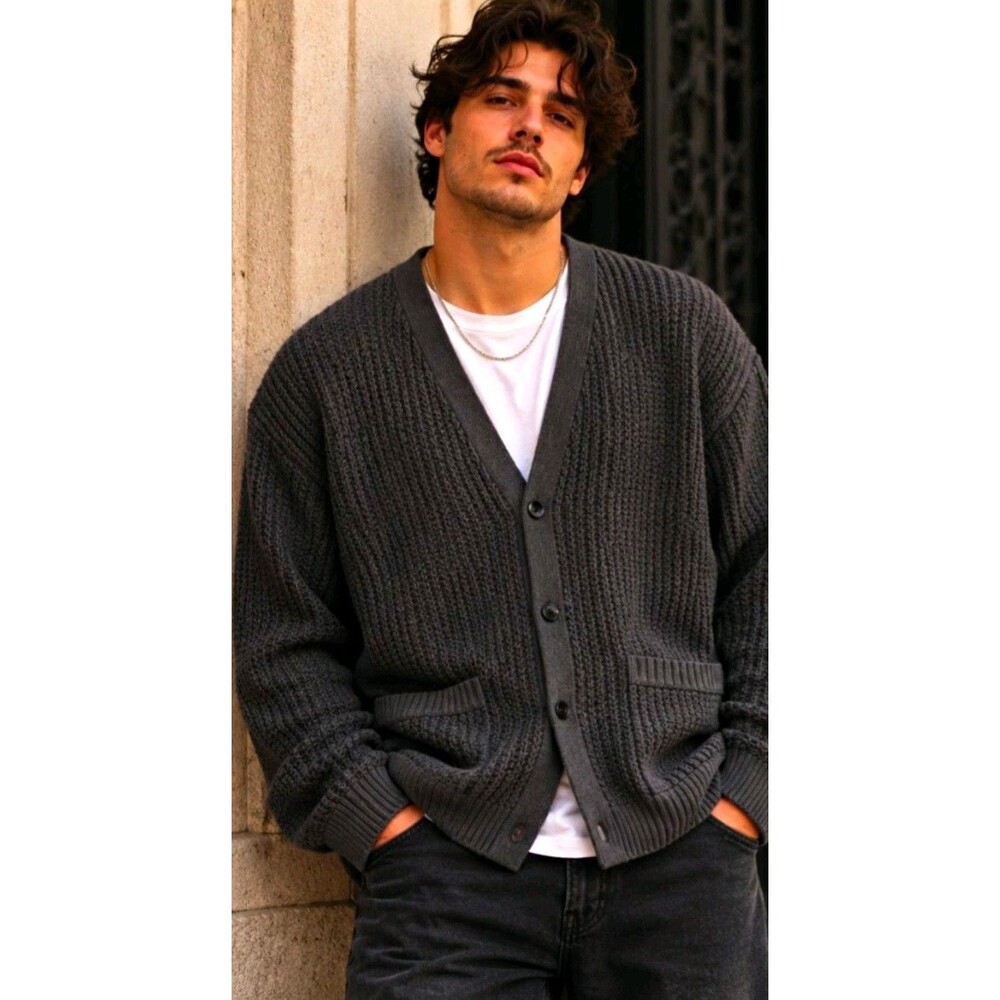 Bloomingdales Mens Store Merino Wool Grandpa Cardigan XXL Charcoal Textured Knit